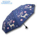 Publicidad china de alta calidad personalizada impermeable especial Pomotion regalo tormenta barato paraguas 3 pliegues promoción ciervos encantadores